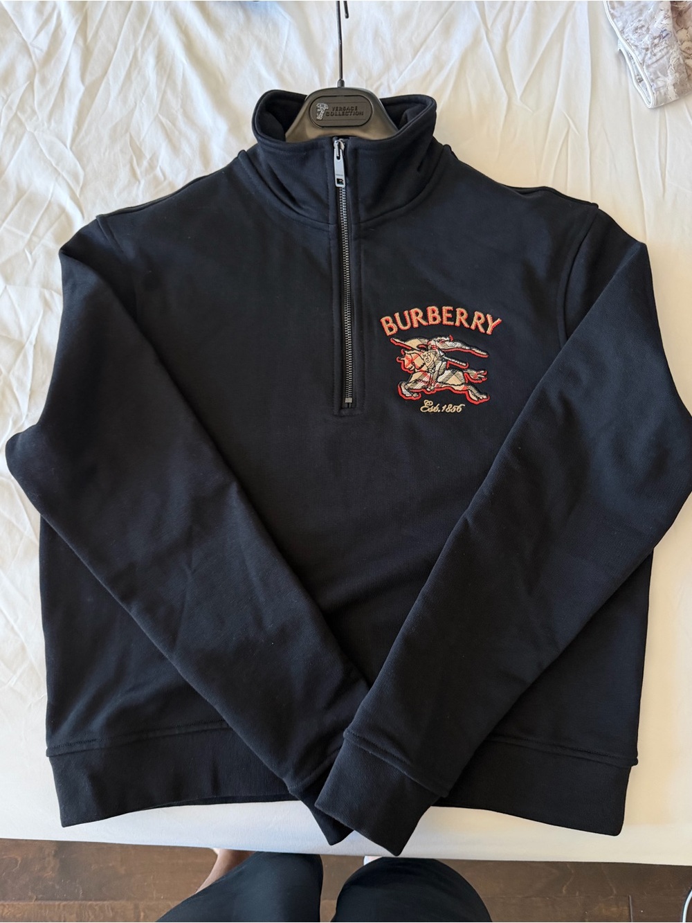 Burberry Men's Black Half-Zip Sweater with Embroidered Multicolor Crest